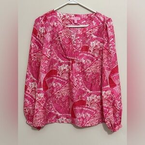 Lilly Pulitzer Womens Oversize XS 100% Silk Long Slv Top Pink Asian Fans Vibrant
